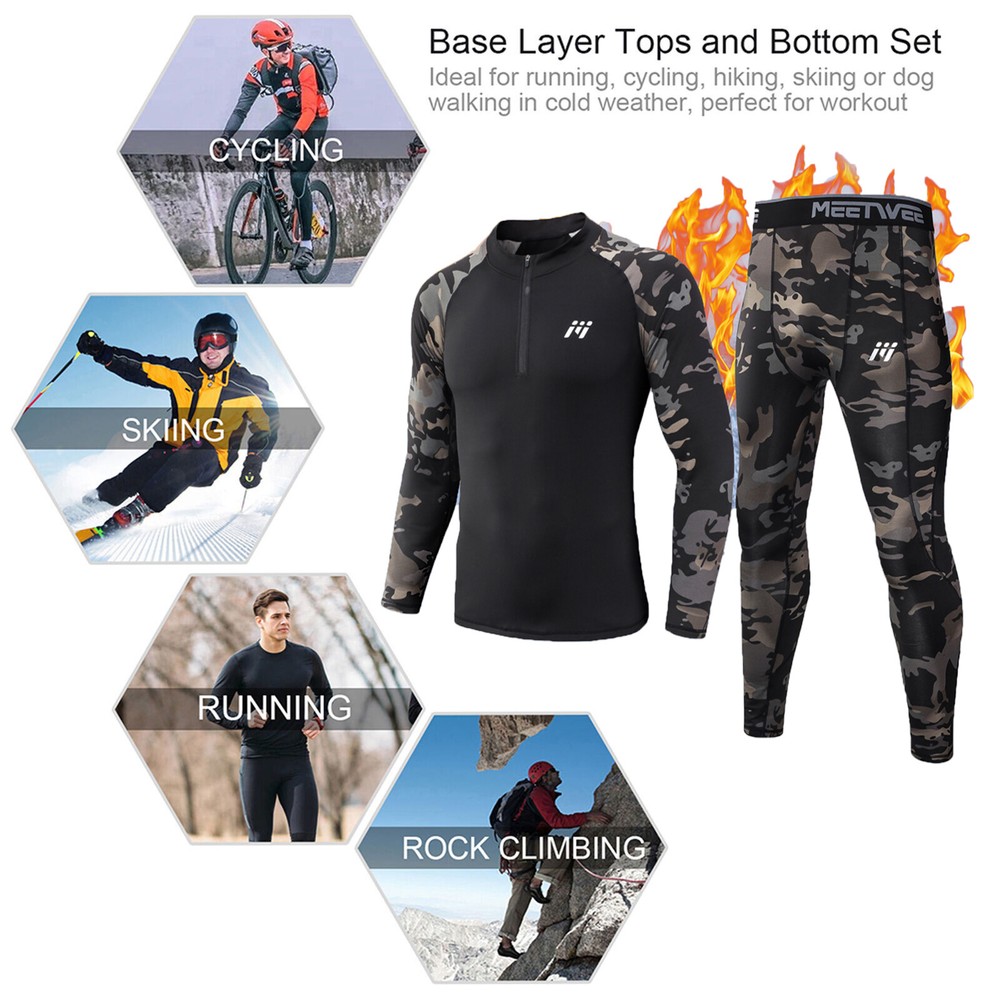 2 Sets Men's Thermal Underwear 1/4 Zip Winter Warm Fleece Compression Base Layer