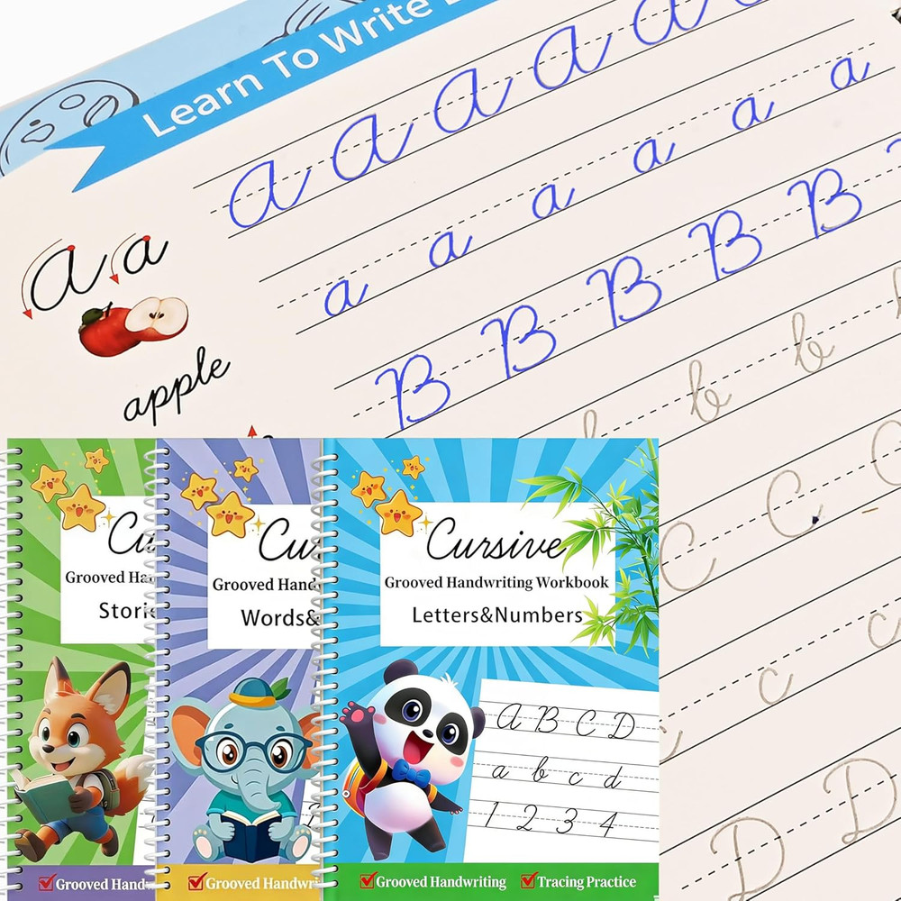 AALGO 3 Pack Grooved Cursive Handwriting Workbook,Reusable Cursive Letter Tracin