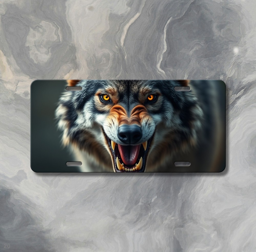 Aggressive Wolf License Plate Snarling Design Name Plate Auto Tag Unique Gift