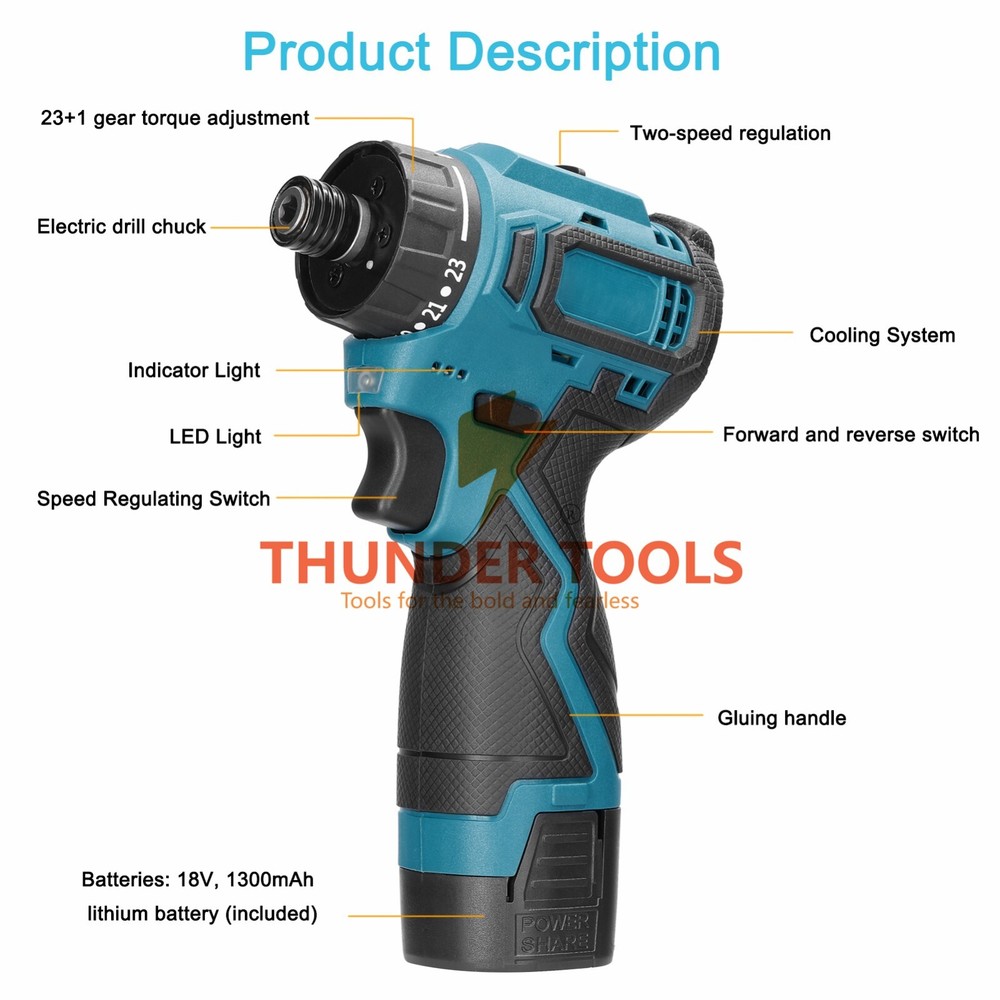 18V Lithium Screwdriver Torque Adjustable 2 Speed Control Modes 1 battery