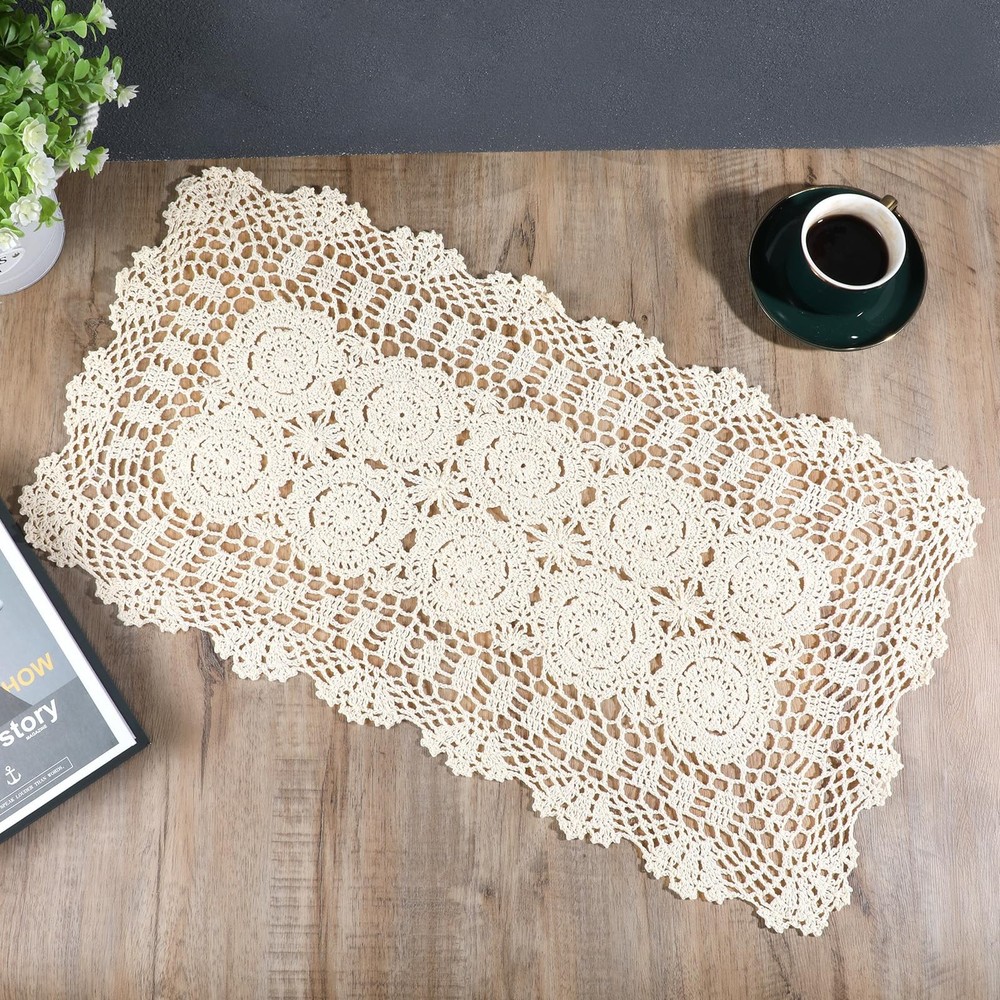 Lace Table Runner 15x28 Inch Rectangular Cotton Handmade Crochet Lace Table R...