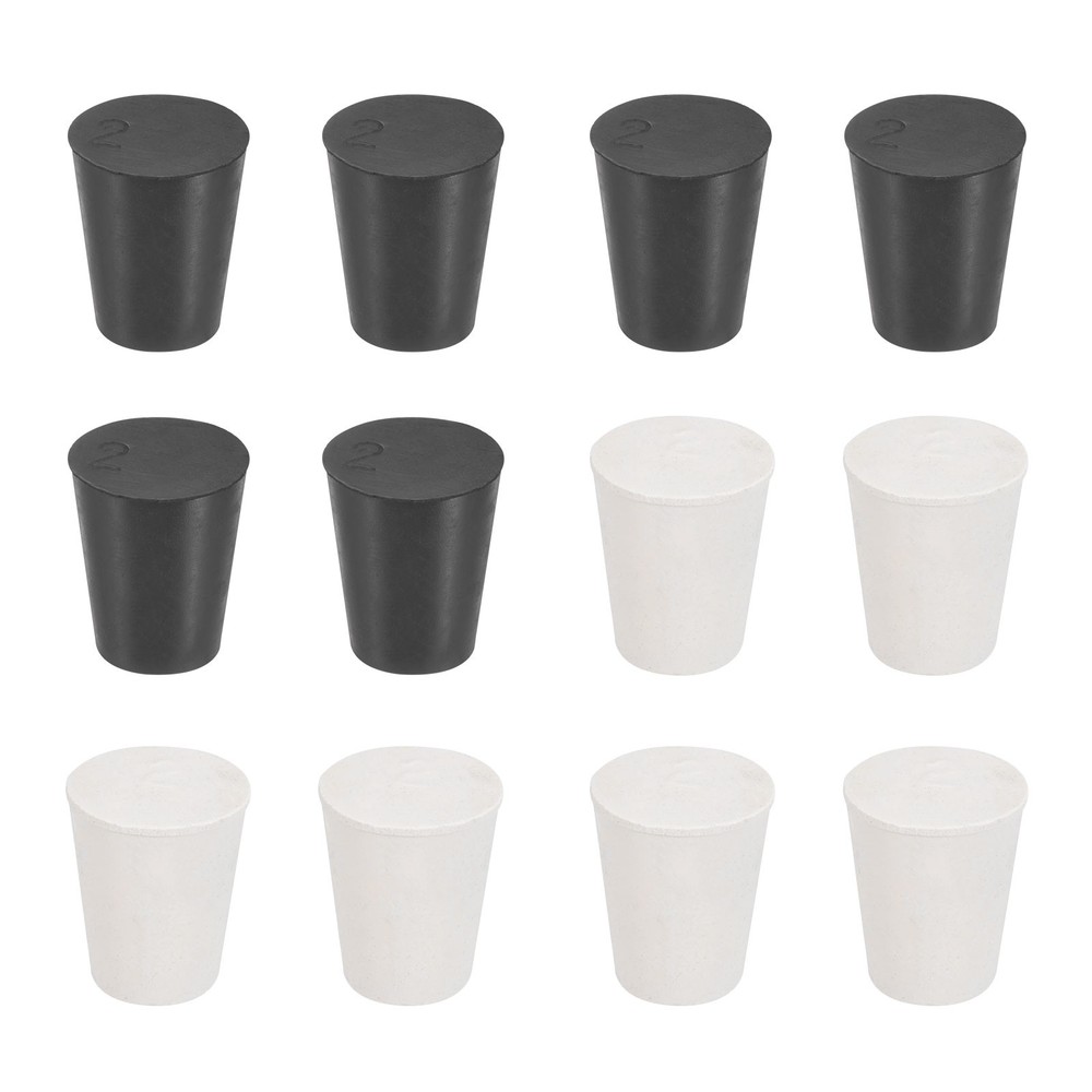 12 Pcs Solid Rubber Stopper Size 2#-21mm x 15mm - 26mm Long, Black/White