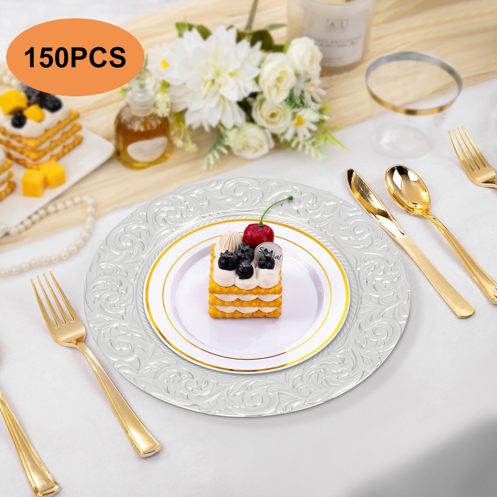 150pcs Plates Set, Silver Round Plates with Patterns, Reusable, for Restaurant
