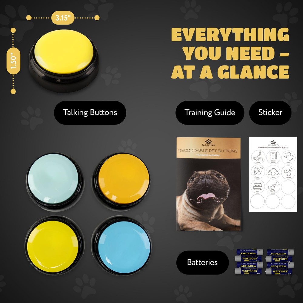 Waterproof & Non-Slip Dog Command Buttons - 4 Recordable, Programmable Talkin...