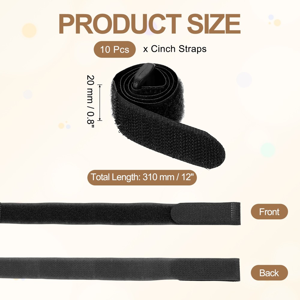 10pcs Reusable Cinch Straps 0.8"x12" Hook and Loop Cable Securing Straps, Black
