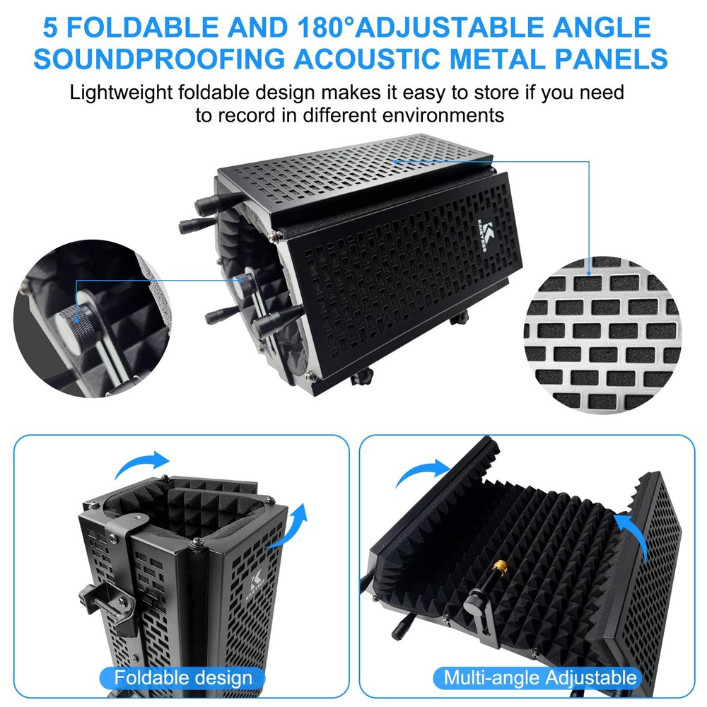 5-Sided Isolation Shield Microphone Stand, Studio-Grade Soundproof Booth with...