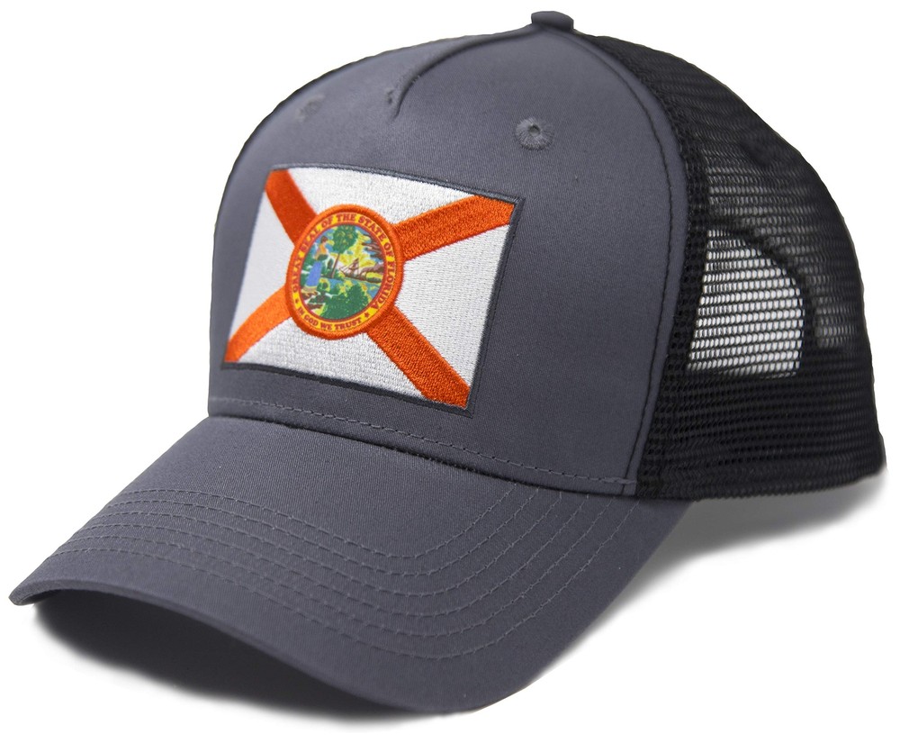Florida State Flag Trucker Cap, Baseball, Snapback (Grey/Black)