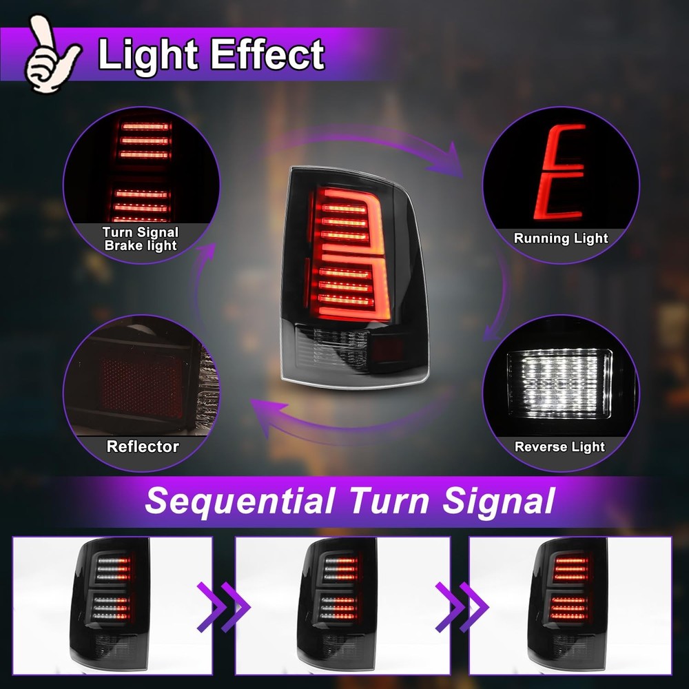 LED Sequential Tail Lights for Ram 1500 2500 3500 2009-2018 Halogen Models Smoke