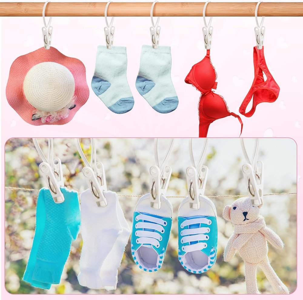 60 Pack Multi-Purpose Laundry Hooks Hanging Clips Bulk with Plastic Rope Hang...