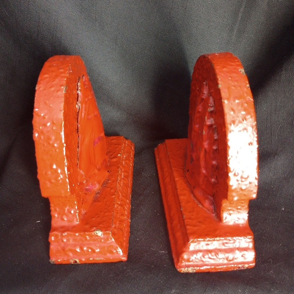 Vintage Orange Red Painted Bumpy Composite Ship Bookends Rustic As Is 5.75" Tall