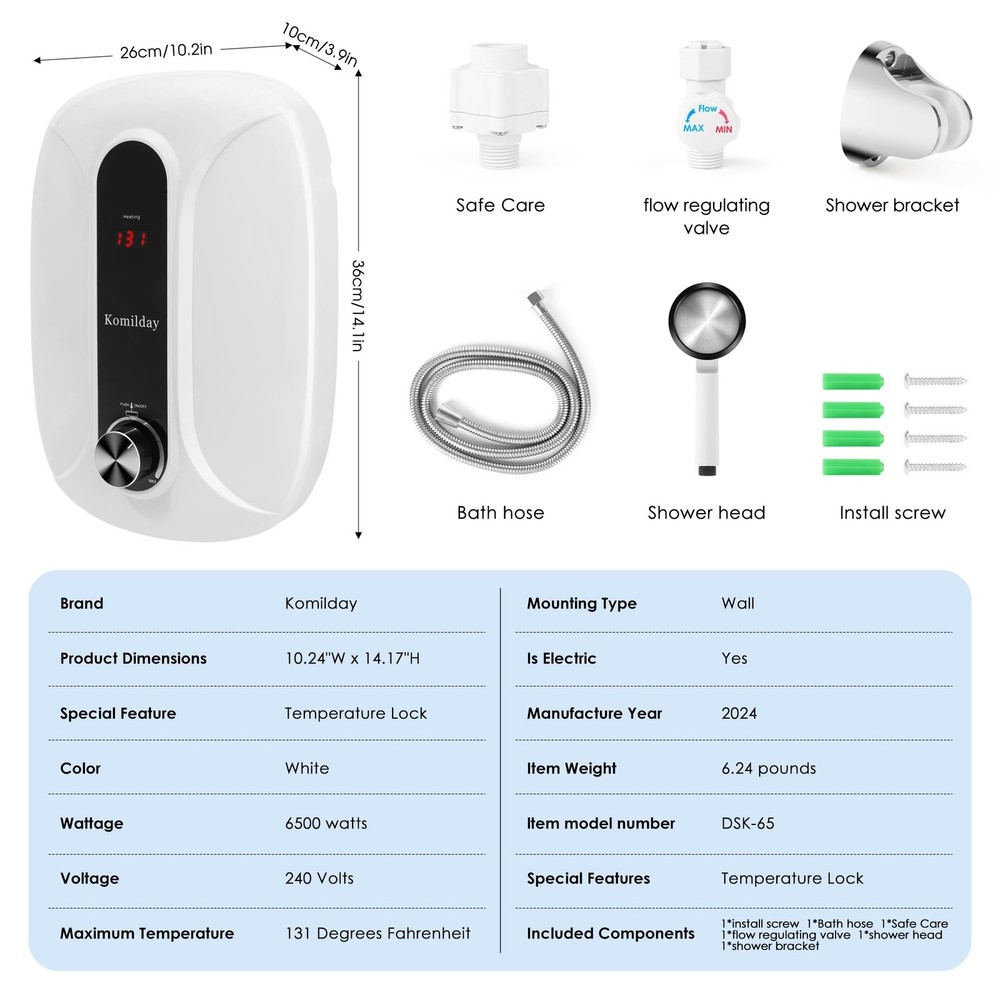 Tankless Water Heater Electric, 240v 0-6500W Tankless Hot Water Heater with L...