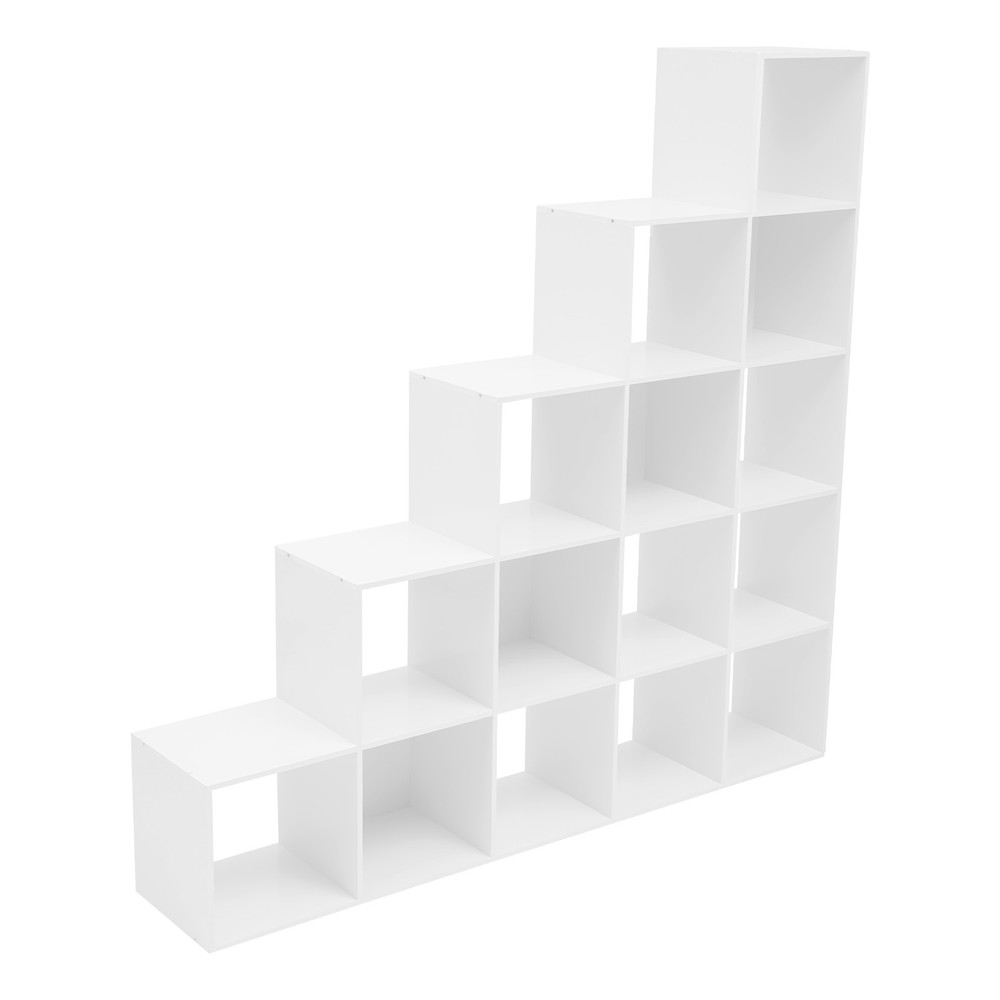 White Ladder Cube Storage Bookcase, L-Shaped Corner Shelf, 15-Cube Organizer