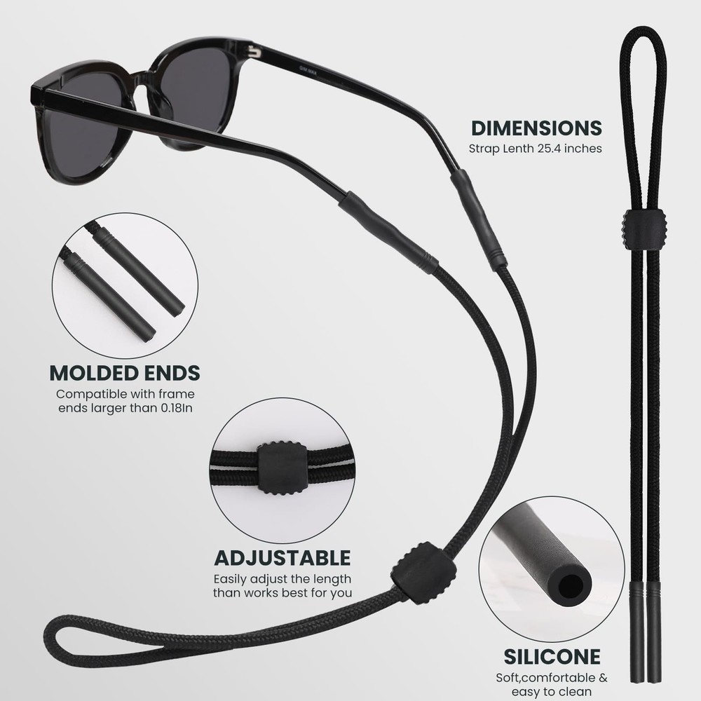 HEBEILF 3 Pcs Glasses Strap-Adjustable Eyeglass Holders medium-sized, Black