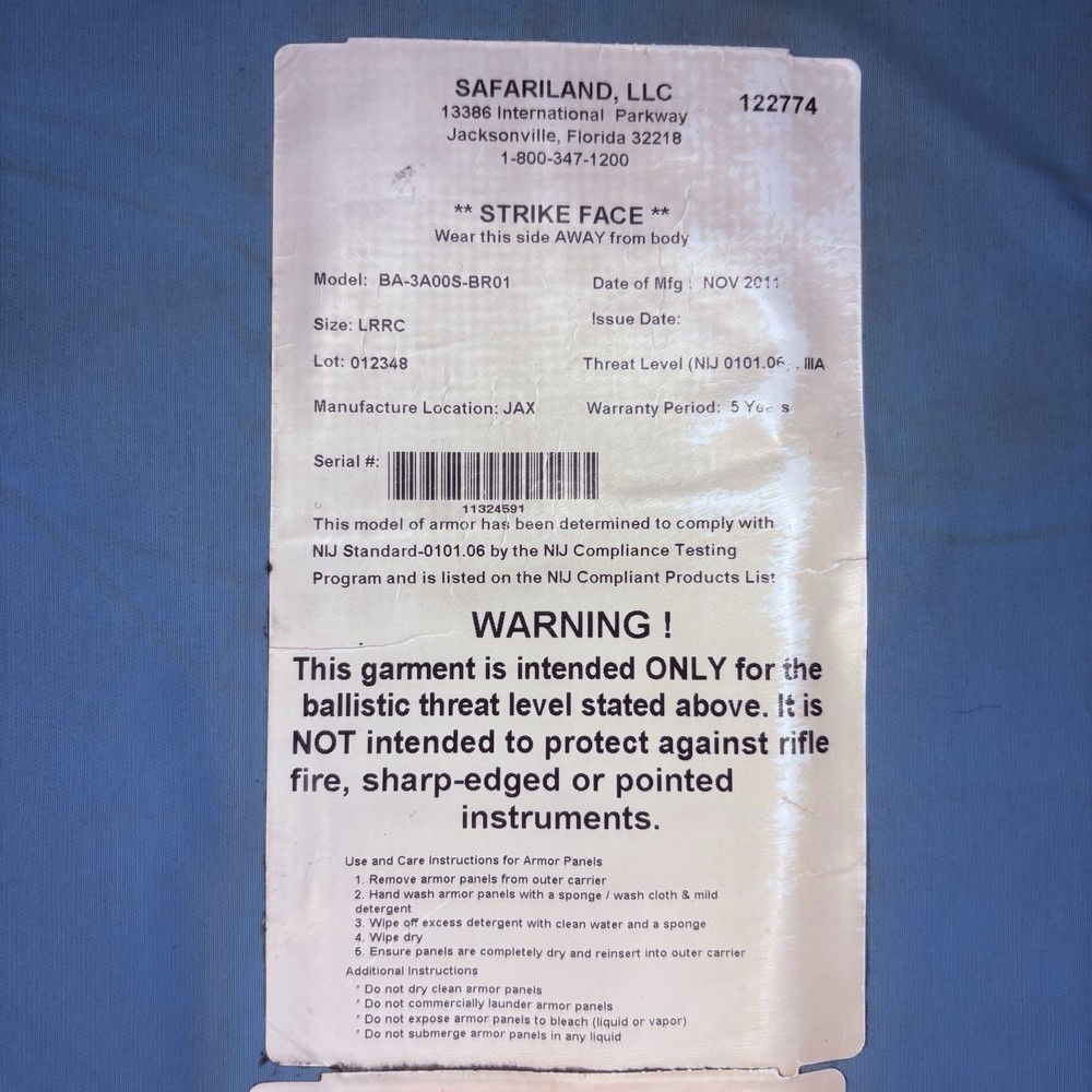 Second Chance Level 2 Vest w/ 3A Back Panel Size Medium Bullet Proof ABA Armor