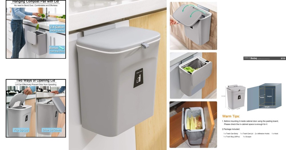 Gray 2.4 Gallon Kitchen Compost Bin - Versatile, Wall-Mount Design for Any Space