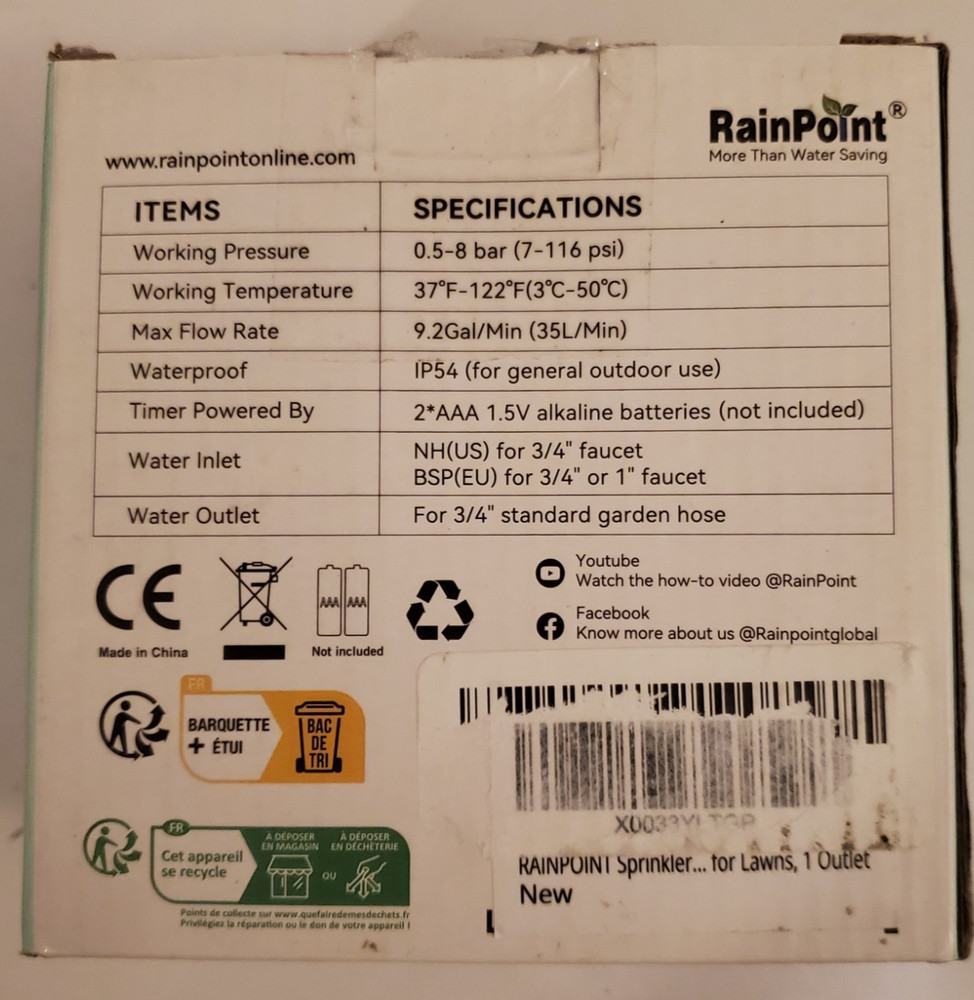 RainPoint, 1-Zone Water Timer, Model ITV105, New