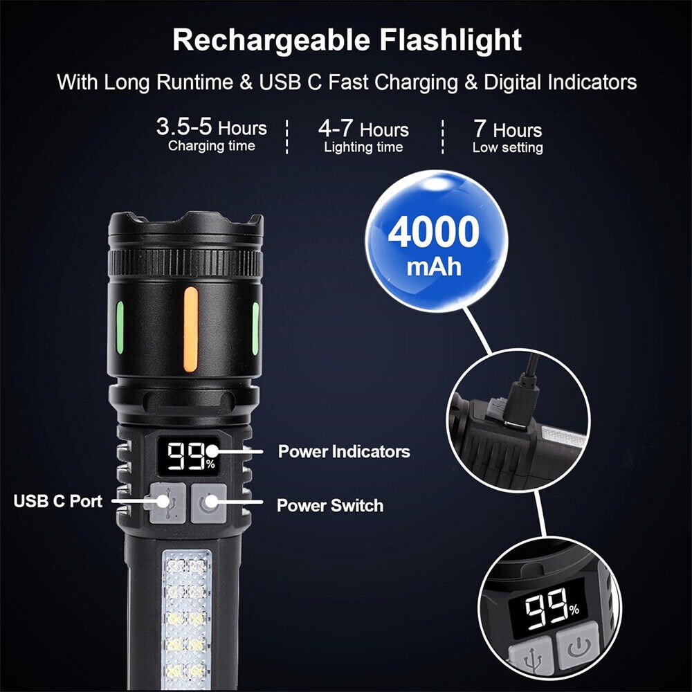 2 x 99000000 Lumens Super Bright LED Tactical Flashlight Rechargeable Work Light