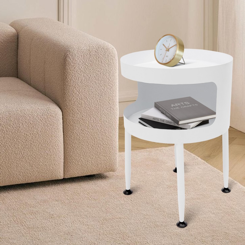 Round Table with Open Storage, Iron Bedside Table Modern Side Table 40x40x55cm