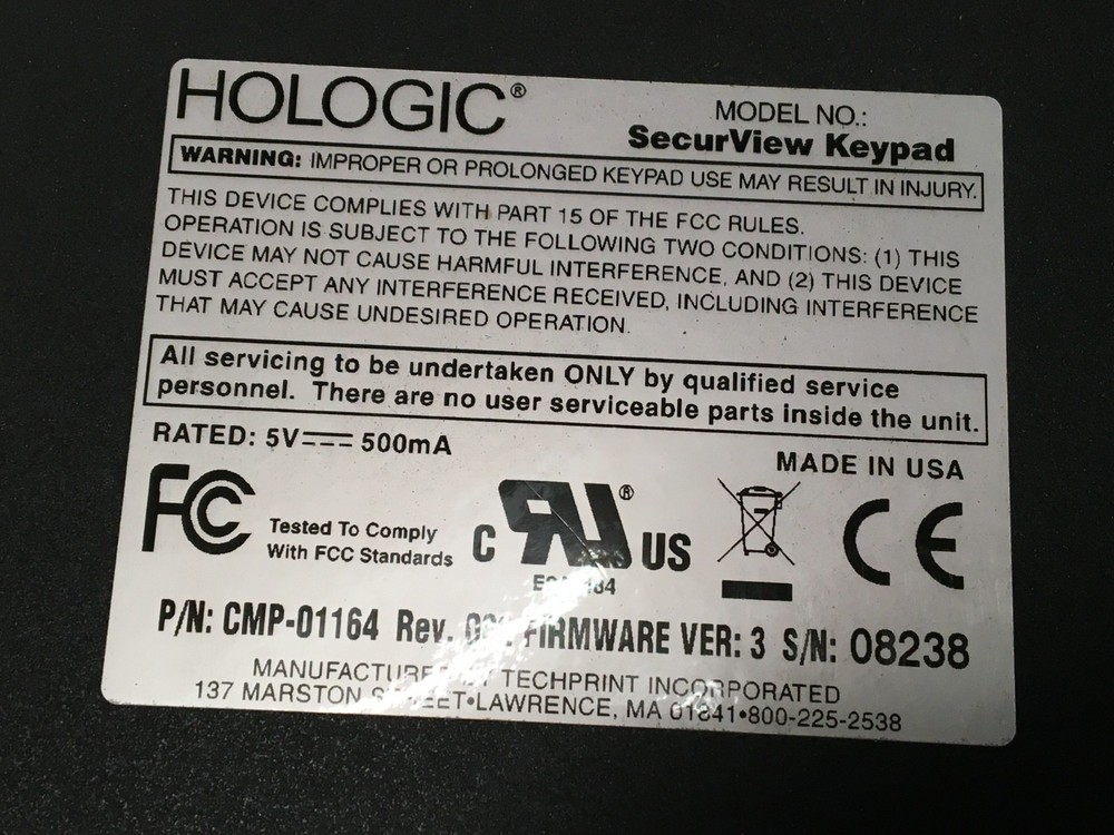 Hologic SecurView Keypad CMP-01164 Rev. 002