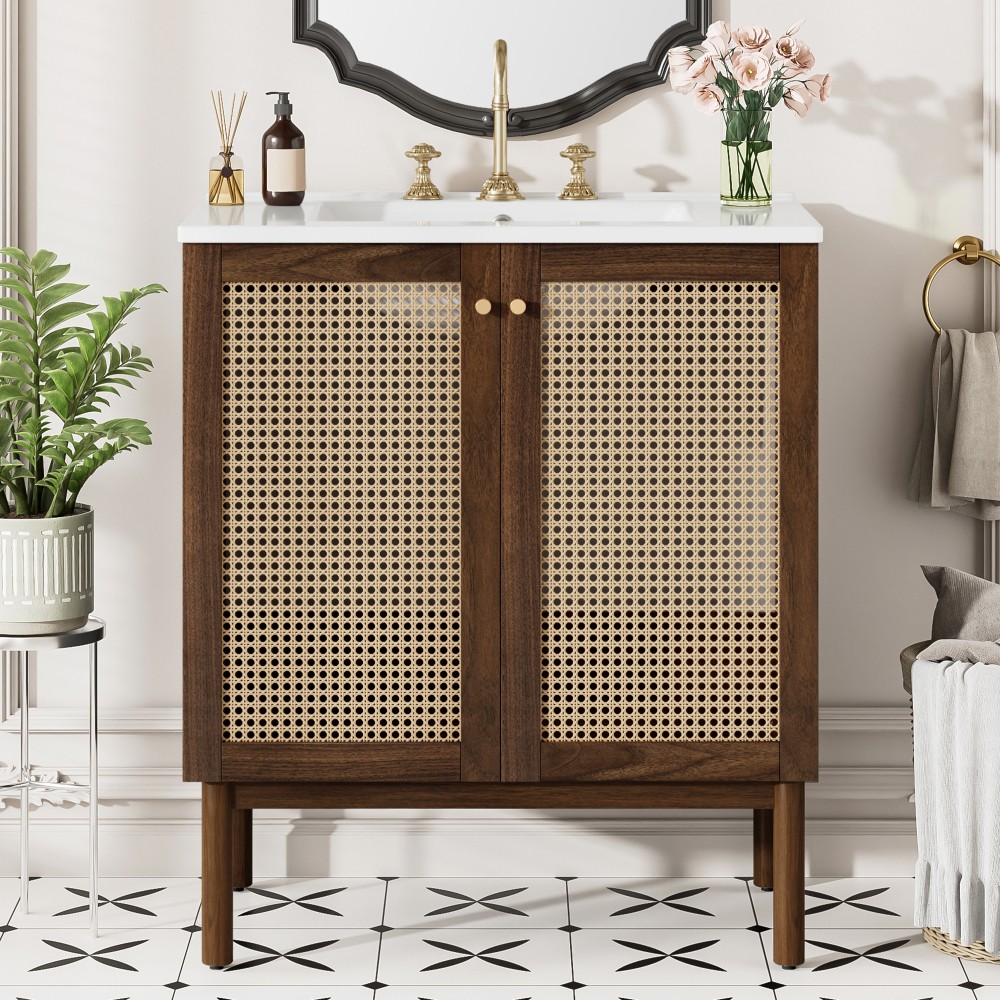 30-inch Bathroom Vanity w/ Bamboo Doors & Soft-Close, Dark Walnut