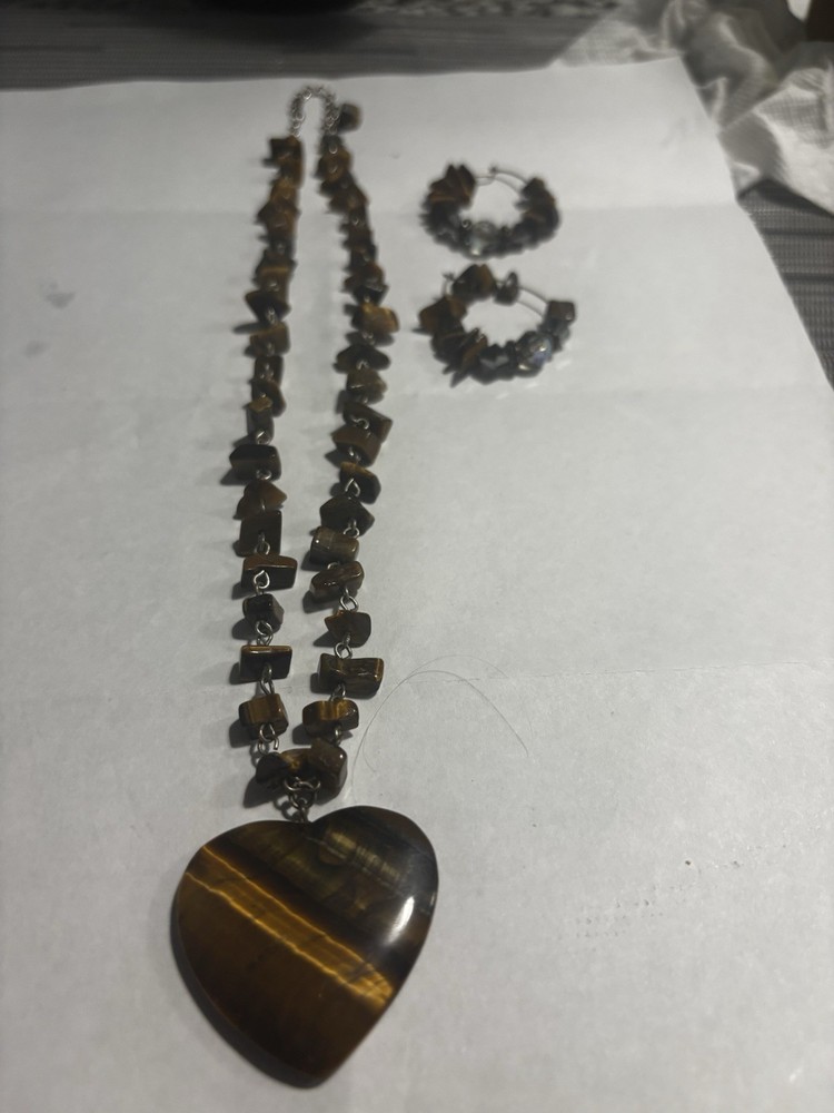 Brown Heart Stone Necklace earring Set