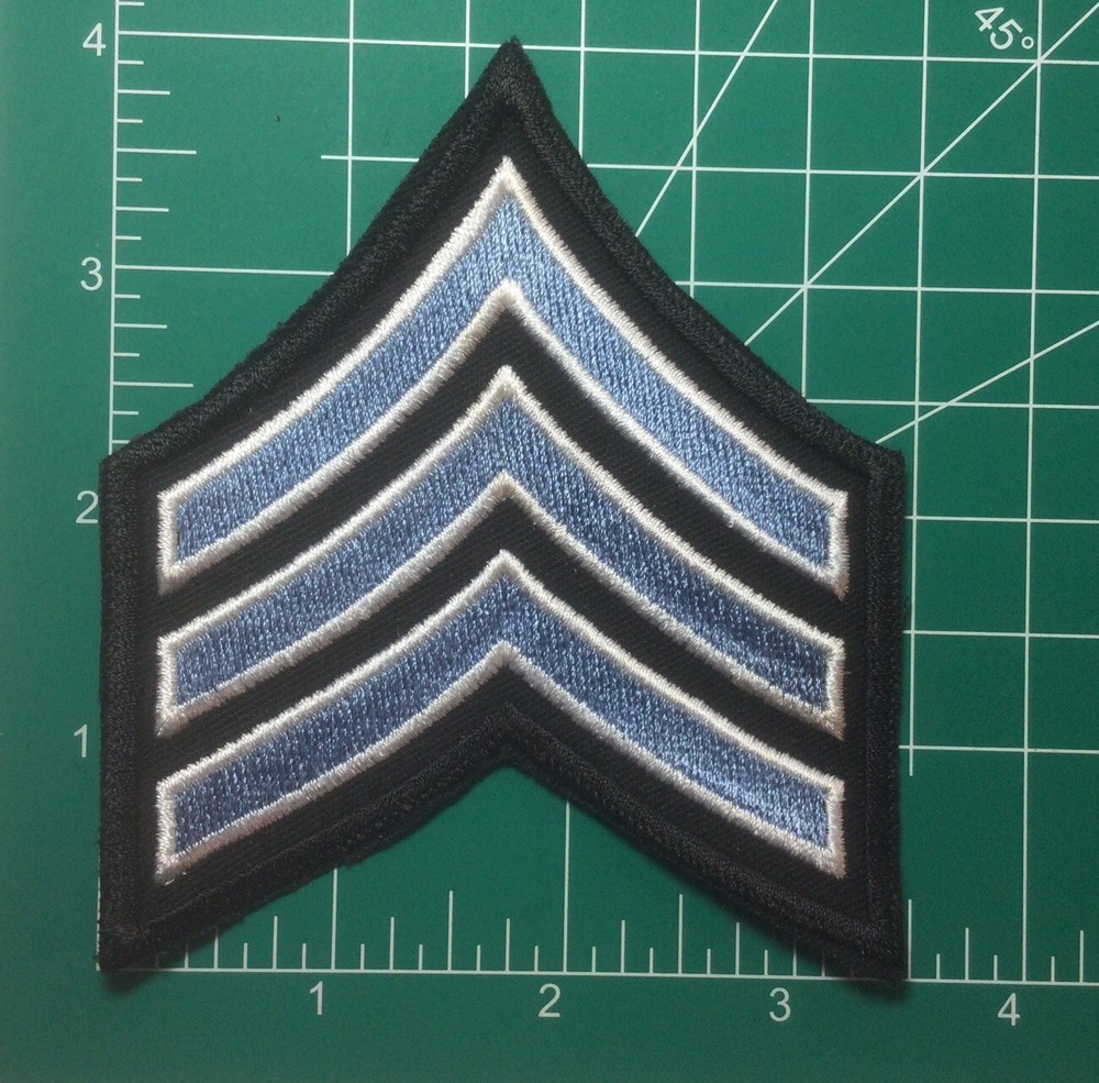 (2) Sergeant Chevron - 3 White / Light Blue Stripes on Black Patch - 3.5" Wide
