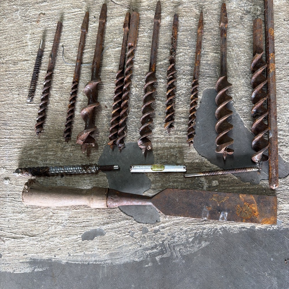 Vintage Antique Tool Mixed Auger Bit , Drill Bits , Wood Handle Tools , Level &?