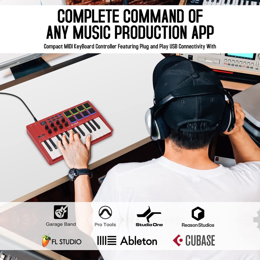 M-VAVE 25 Key USB MIDI Keyboard Controller With 8 Backlit Drum Compact, Red