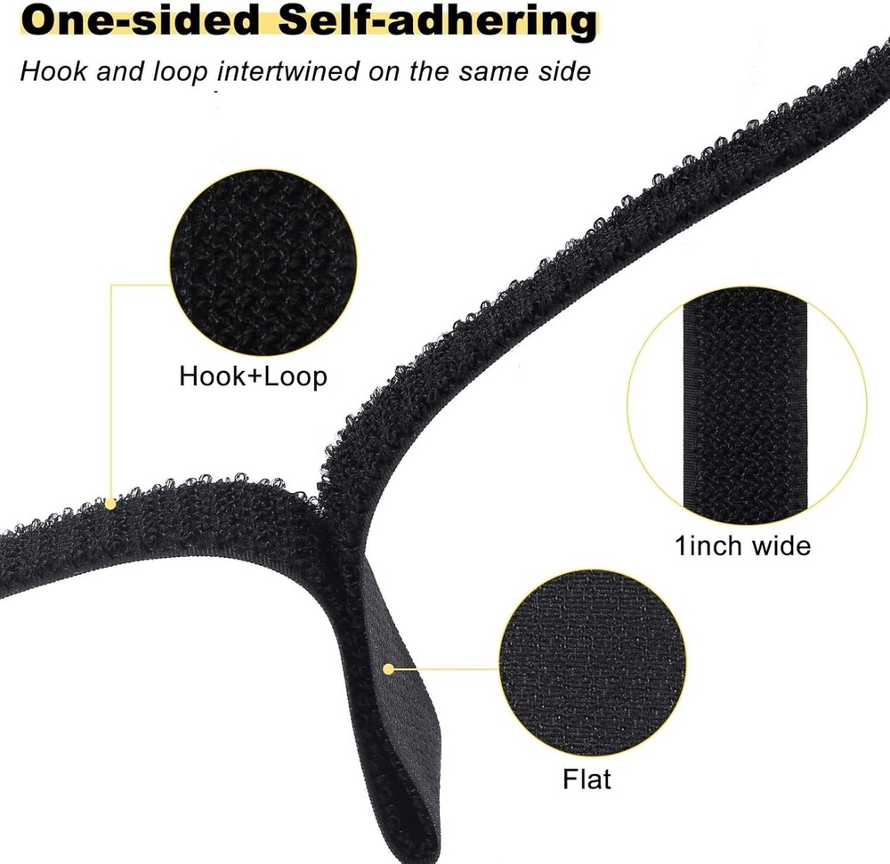 Durable Black Hook and Loop Straps - Adjustable & Reusable Cable Ties 50 Count