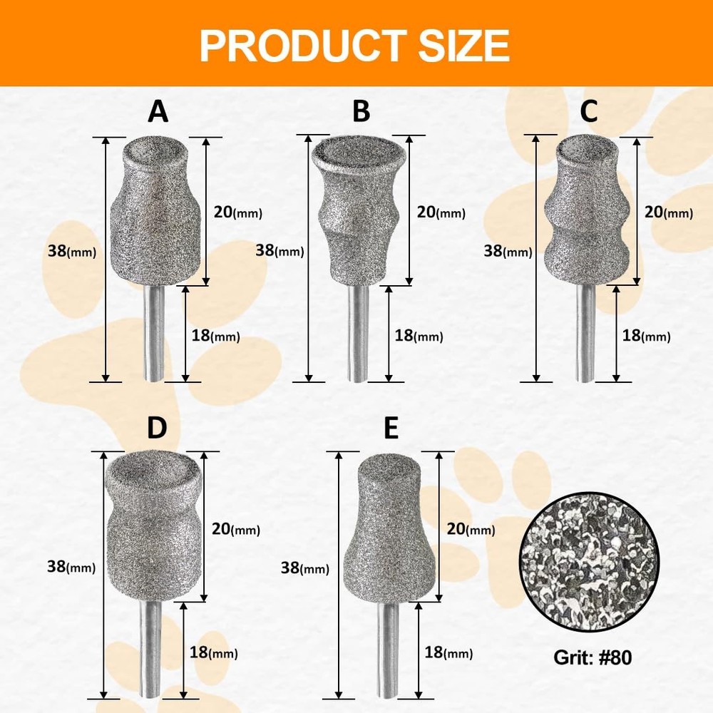 Diamond Grit Pet Nail Grinder Bits 5 Pack