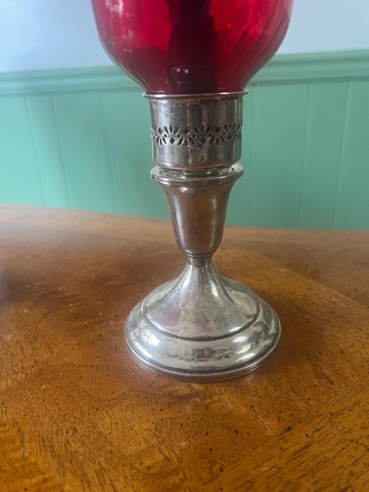 Vintage Pair Sterling Silver Ruby Red Glass Hurricane Candle Holders
