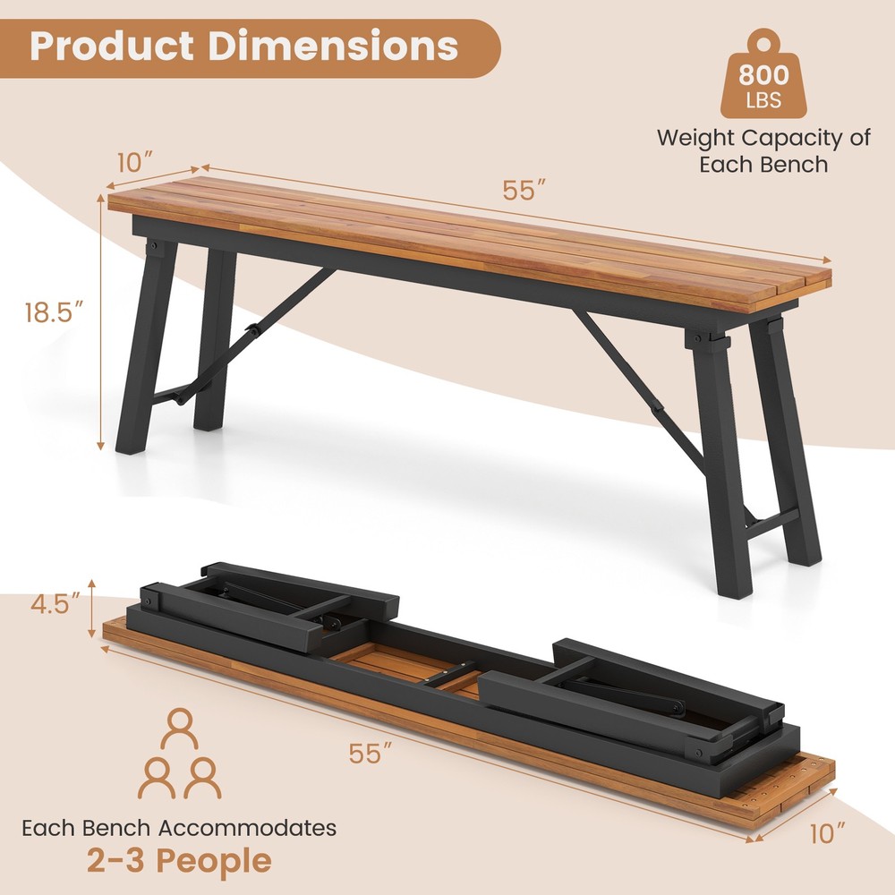 Folding Picnic Table & Bench Set Dining Table w/ Metal Frame for 4 or 6 Persons