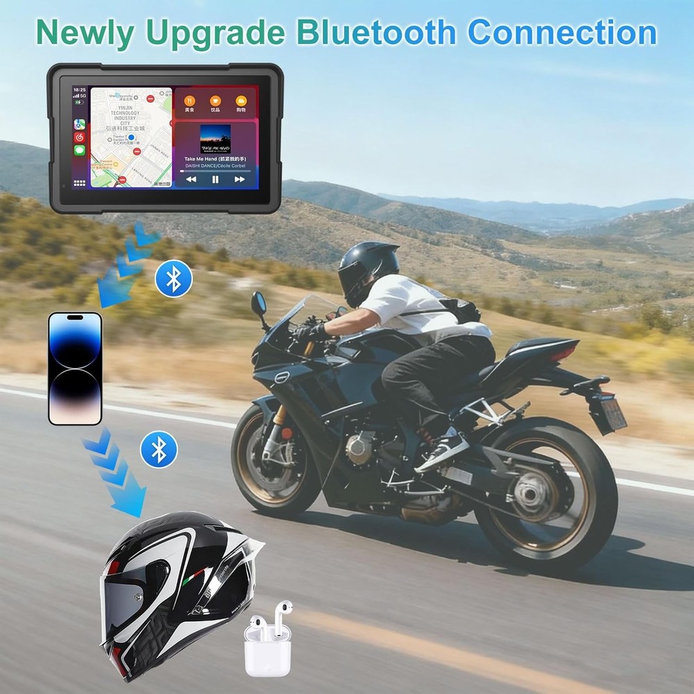7" Motorcycle CarPlay Android Auto IP67 Waterproof GPS Navigation Bluetooth H14