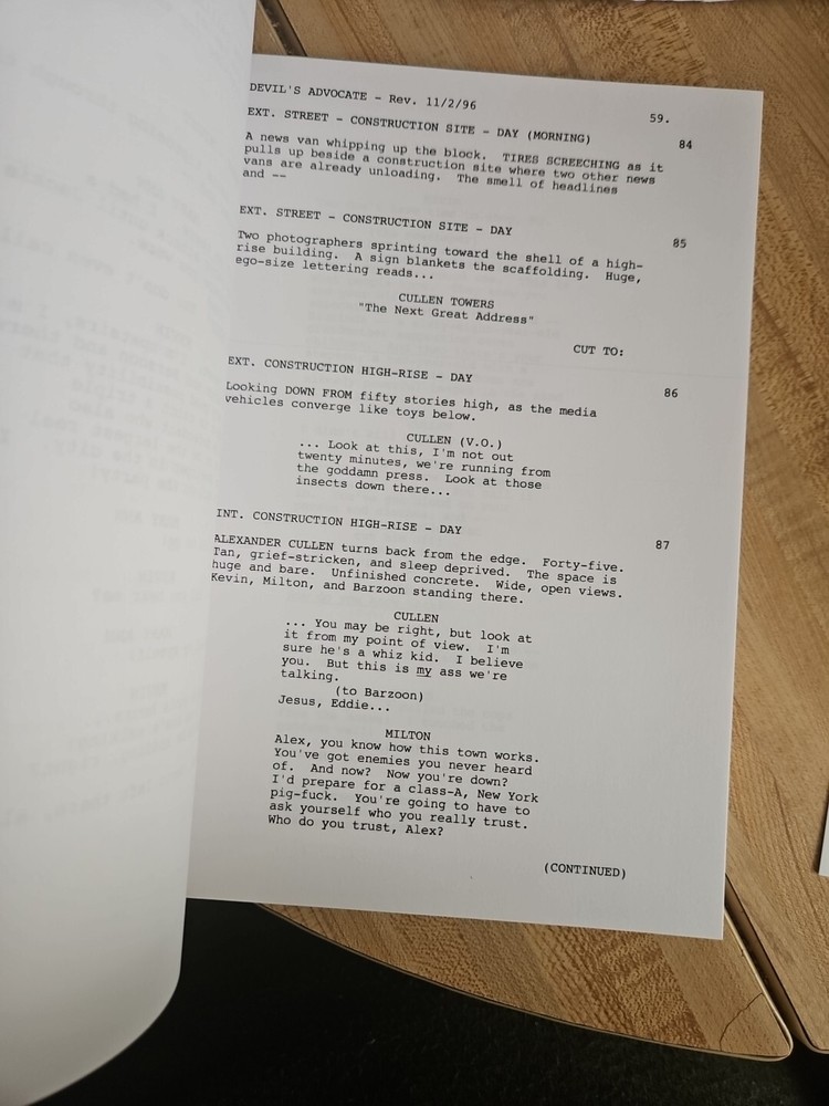 Devil's Advocate Script Signed By Craig T. Nelson -Played Alexander Cullen - JSA