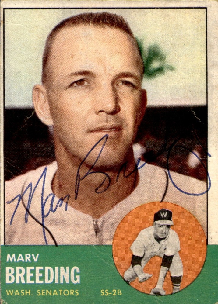 Marv Breeding Signed 1963 Topps #149 Autographed Senators 60437