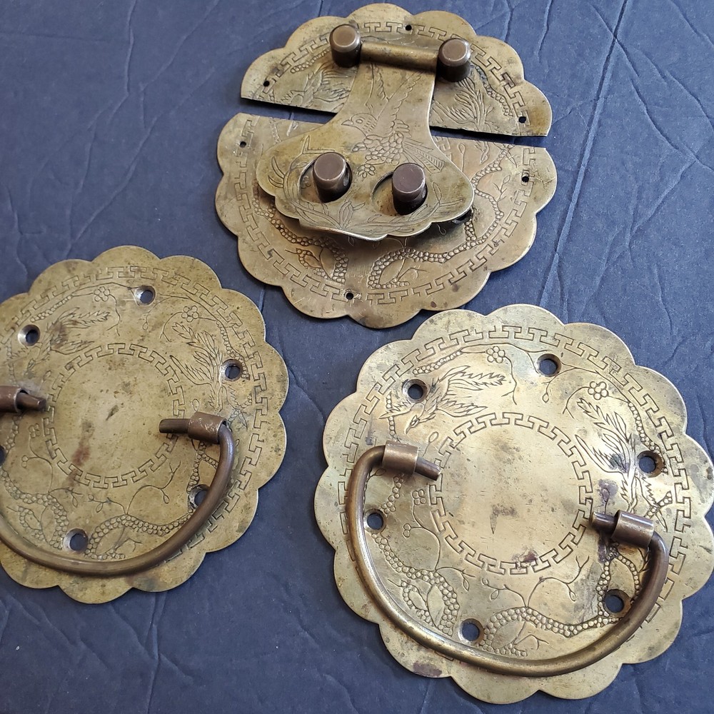 Vintage Asian Solid Brass Hardware Handles Latch for Trunk or Box
