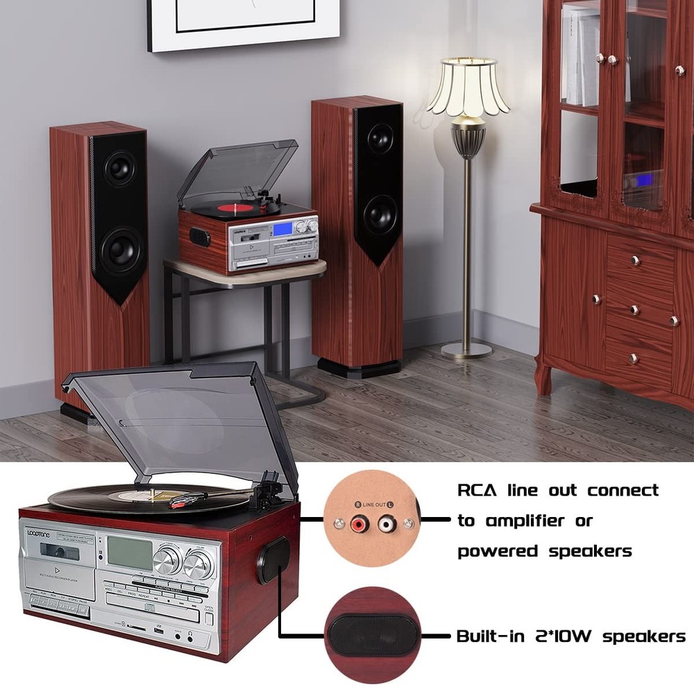 LoopTone 18CD-R Vinyl Record Player 9-in-1 Multi-Function Turntable, 3-Speed,