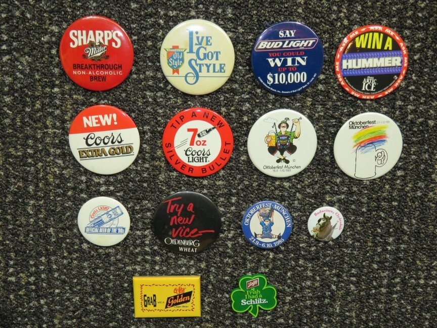 14 Different BEER related BUTTONS, PINBACKS - COORS, SCHLITZ, OLDENBERG, BUD