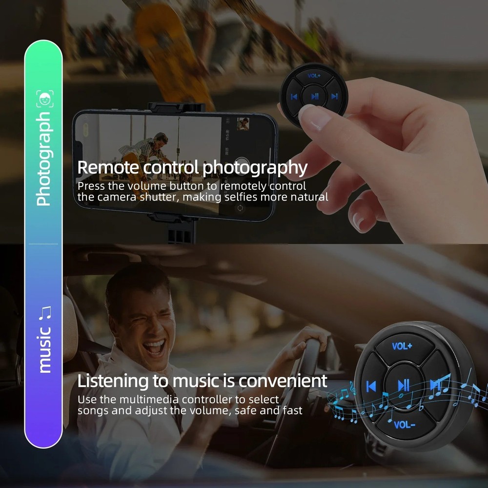 Wireless Bluetooth Media Remote Control for Car Steering Wheel, Android iOS