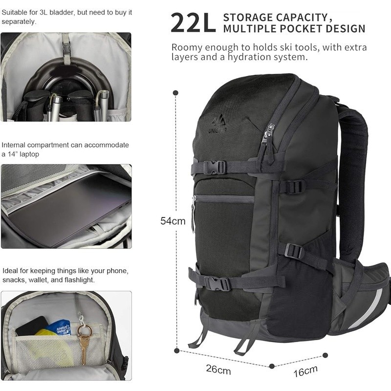 Ski Backpack Hydration System 22L Water Resistant Ergonomic Design Ski Gear New