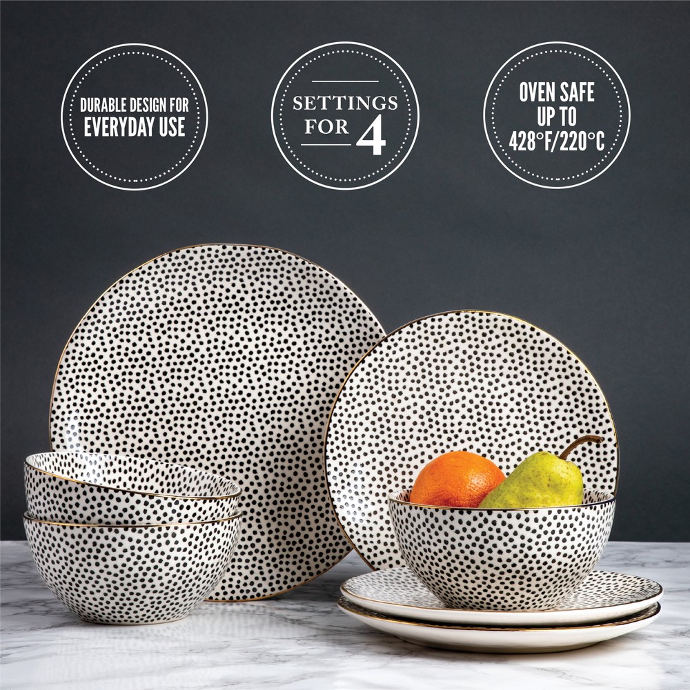 12 Piece Dinnerware Set Black White Dot Table Stoneware 12 Piece Plates Bowls