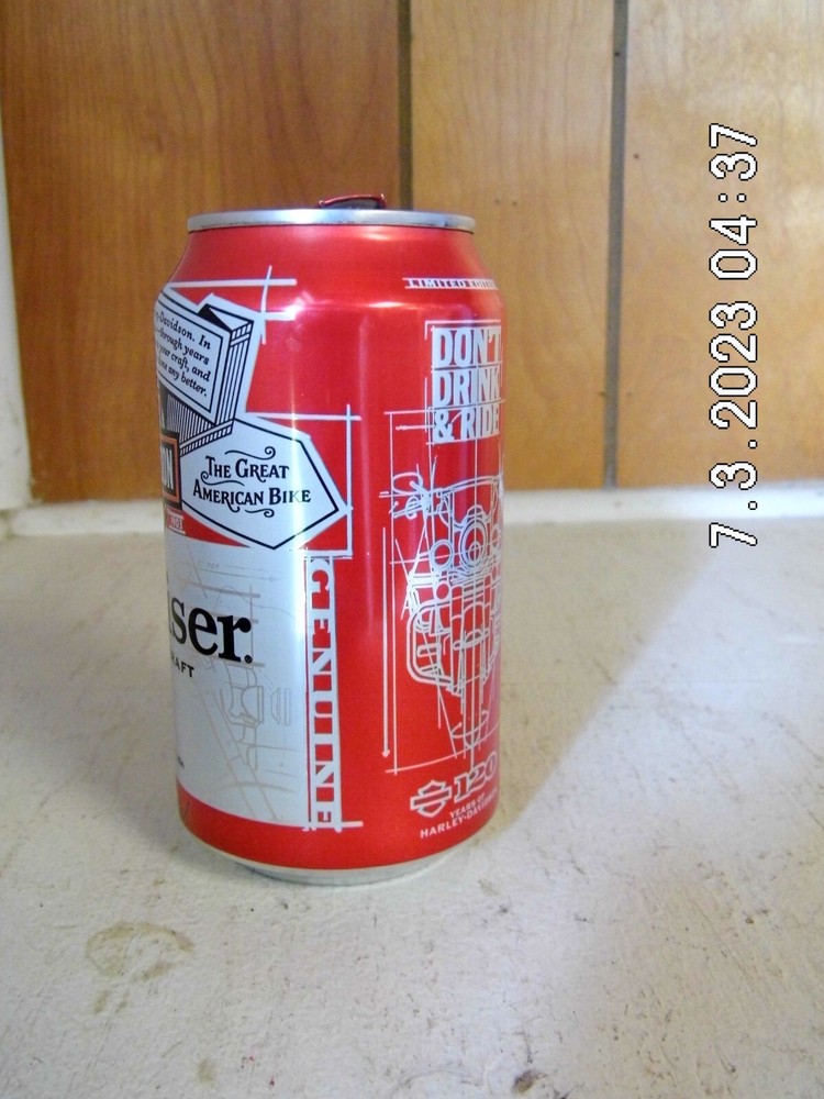 Budweiser Harley Davidson Motor Cycles Can EMPTY Red Crown Top Opened