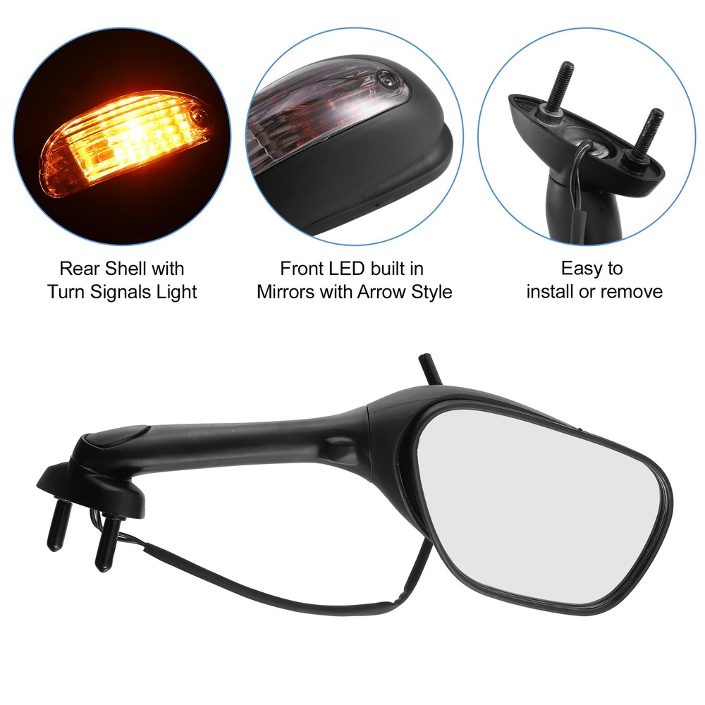 Side Mirror Rear View Front Light Black Motorcycle - 2pcs