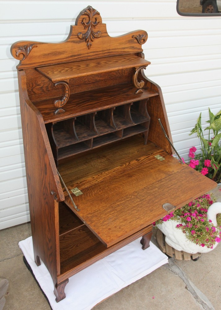 Antique Oak Drop Front Desk w Extra Top Shelf & Applied Leaf Cornucopia Carvings