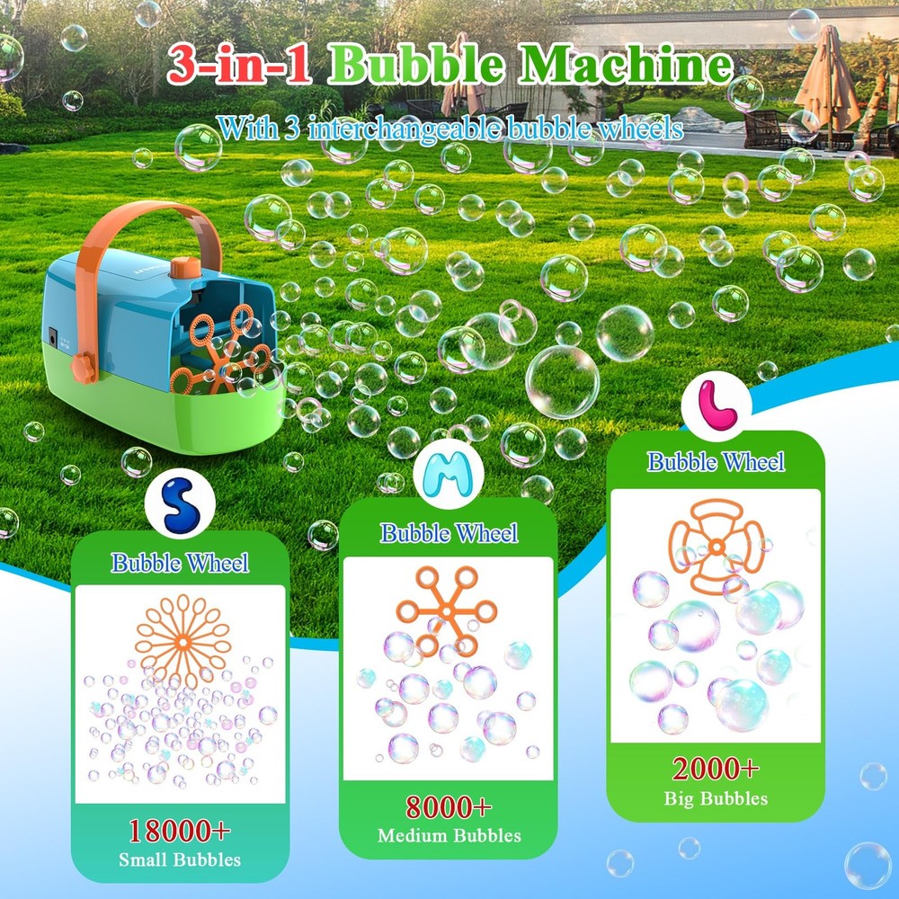 Bubble Machine, 3-in-1 Bubble Maker, Bubble Blower with 3 Bubble Wheels, Make...