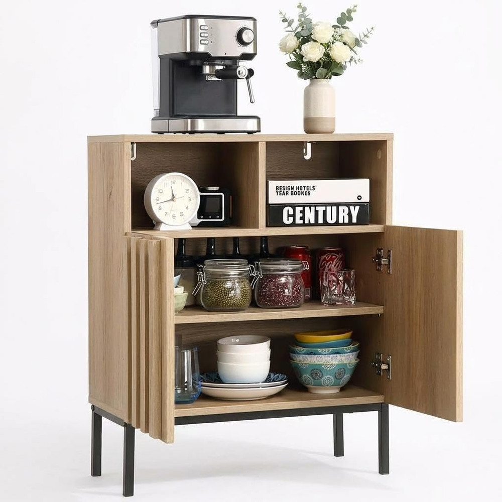 Modern Industrial Buffet Cabinet with Storage & Adjustable Shelf, Fluted Design