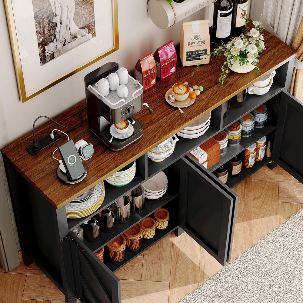 Buffet Sideboard with Storage with Power Outlets & LED Light 4 Doors, 55'' Large