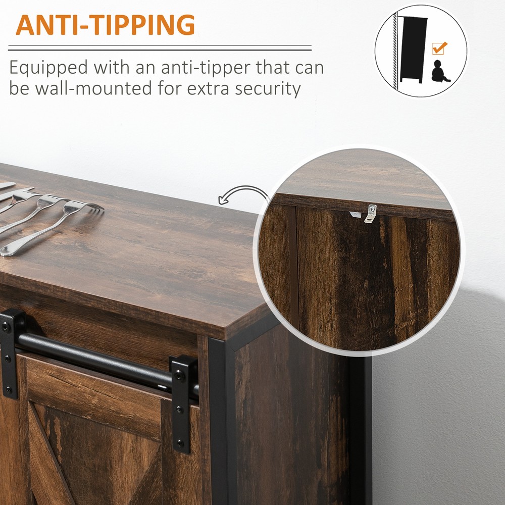 Industrial Kitchen Sideboard, Buffet Cabinet w/ Sliding Barn Doors, Rustic Brown