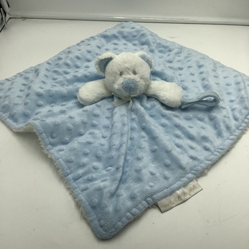 Blankets & Beyond Blue White Bear Baby Security Blanket Pacifier Holder Minky