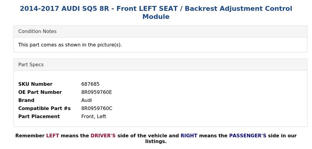 2014-2017 AUDI SQ5 8R - Front LEFT SEAT / Backrest Adjustment Control Module